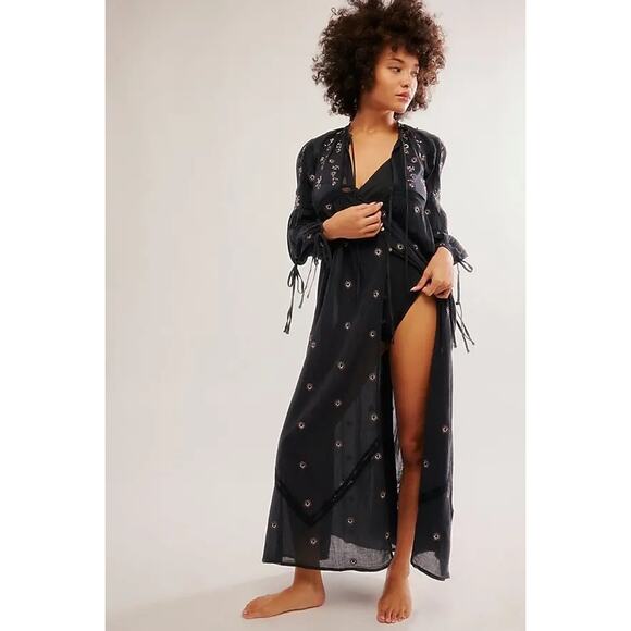 Free People NWT Chasin Spring Maxi Bodysuit Dress Button Embroidery Black M $198 - Picture 3 of 6